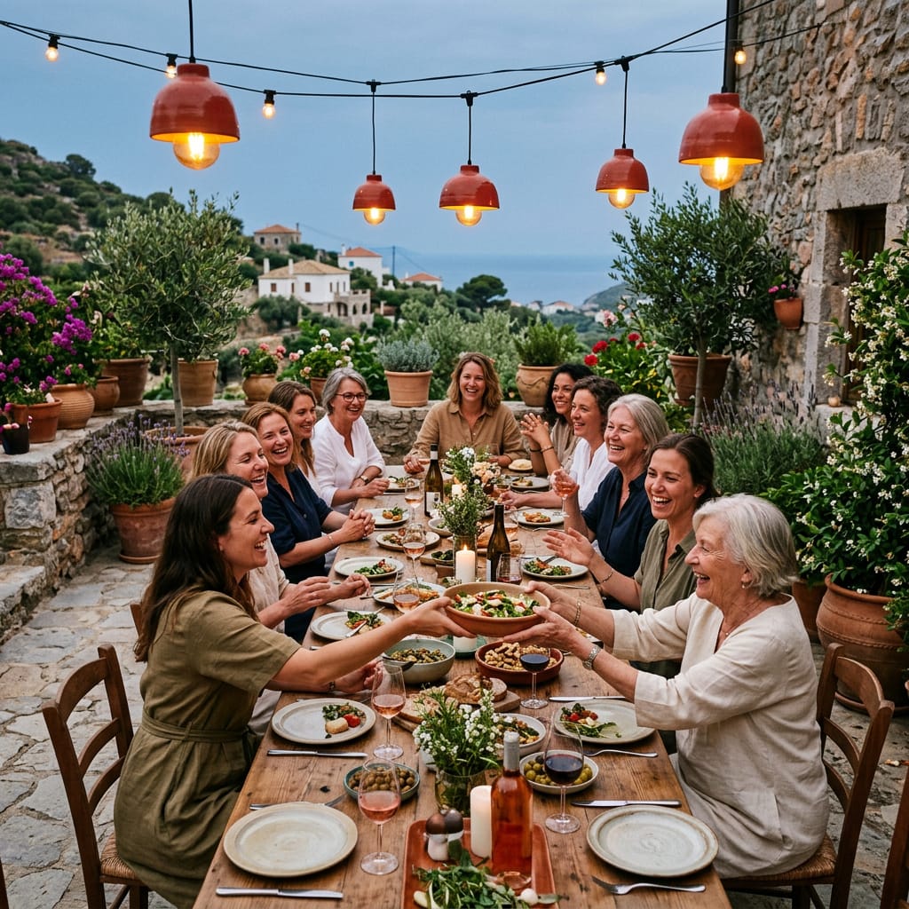 Guests sharing a long dinner table on a terrace under red lamps