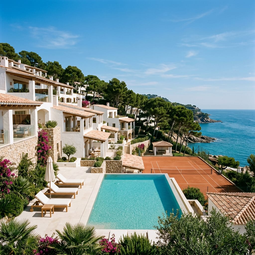 White terraced apartments above the sea in Palamos, with a pool and a tennis court