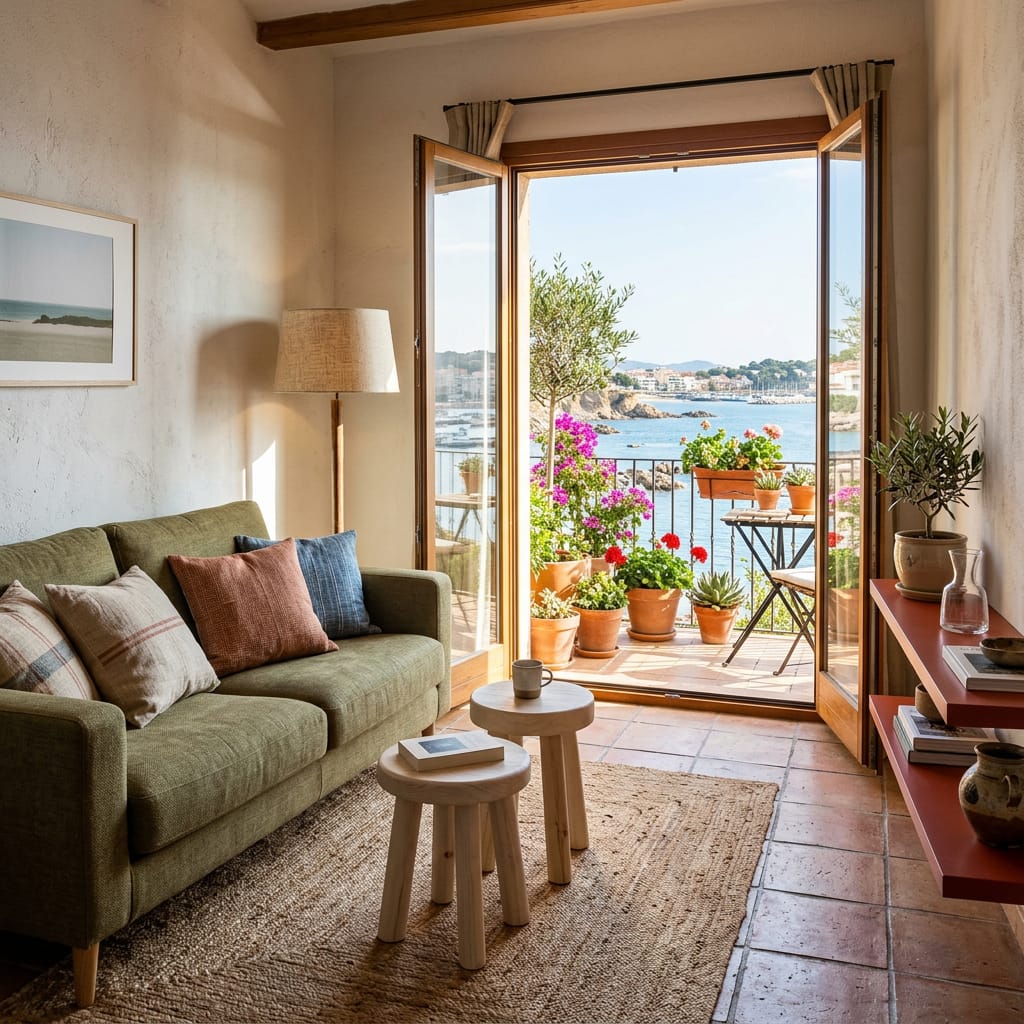 A lounge in a Palamos apartment with an olive sofa and a balcony over the bay